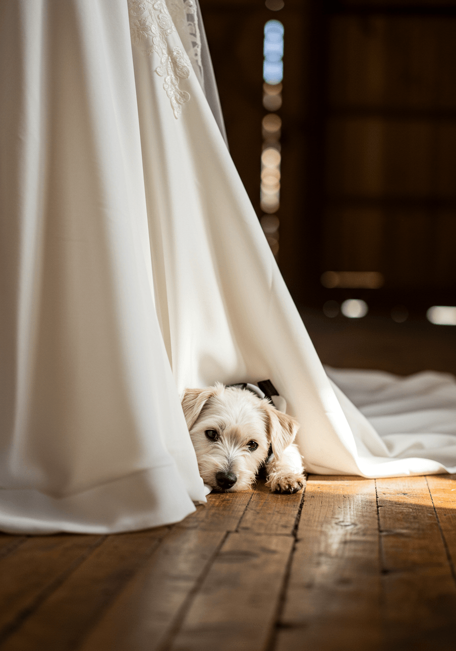 Small white terrier wearing bow tie lying peacefully beside bride's wedding dress train in rustic barn
