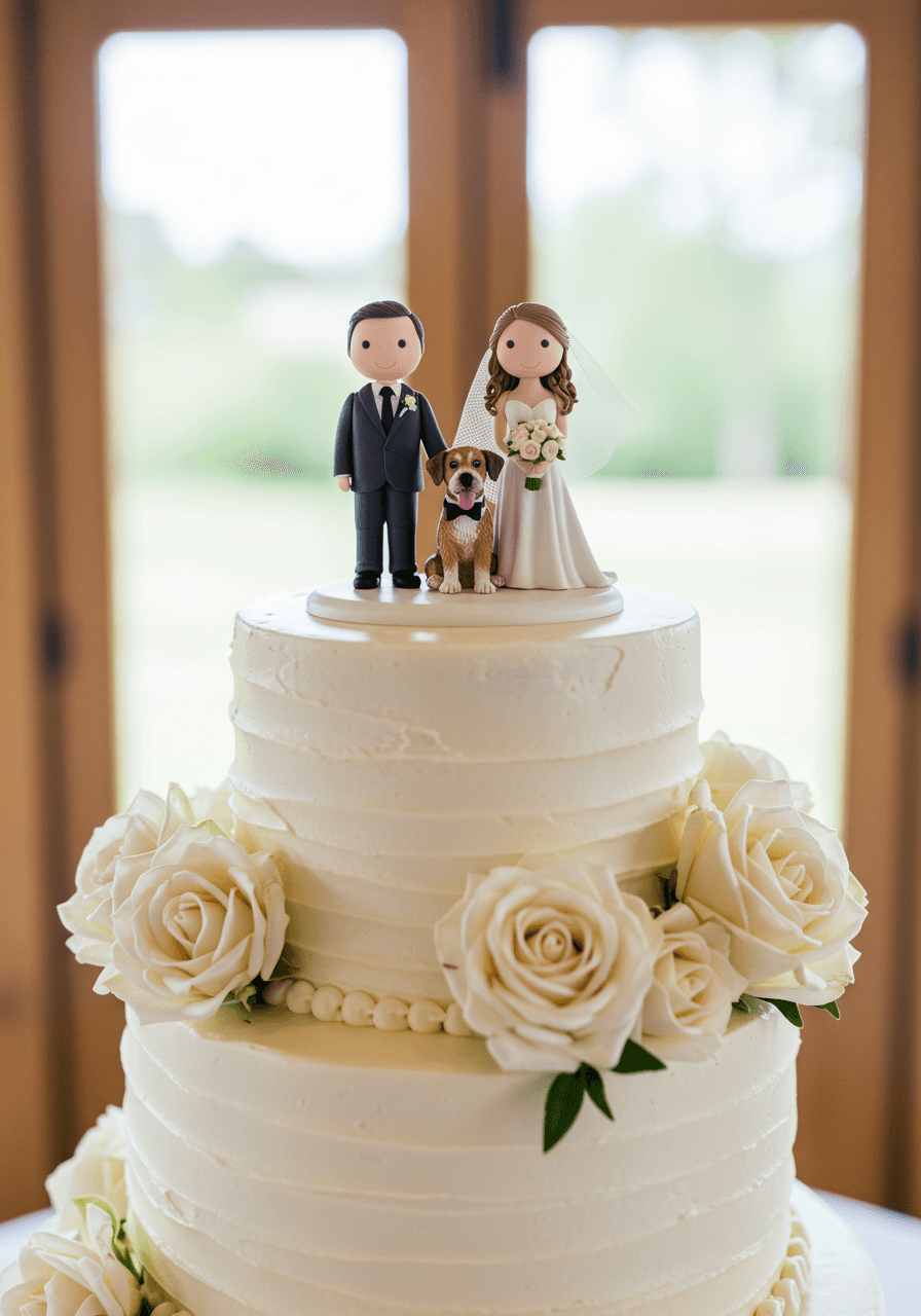 Close-up macro detail of artisan-crafted golden retriever figurine on wedding cake topper