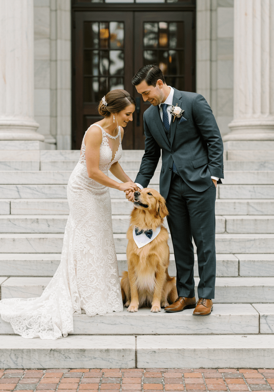 Wedding couple standing with golden retriever on elegant marble steps of classic venue