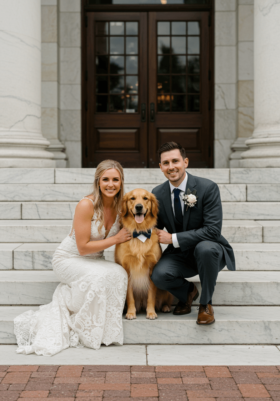 Bride and groom kneeling beside golden retriever wearing navy bow tie on cream marble steps