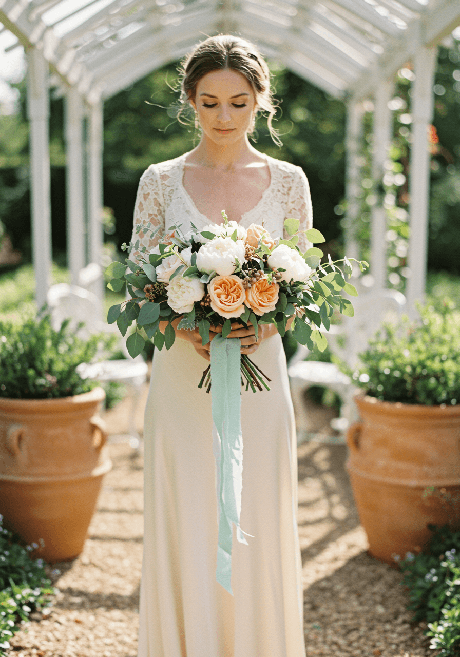 Bride holding bouquet with soft mint eucalyptus, white peonies, and terracotta roses in sunlit garden pavilion