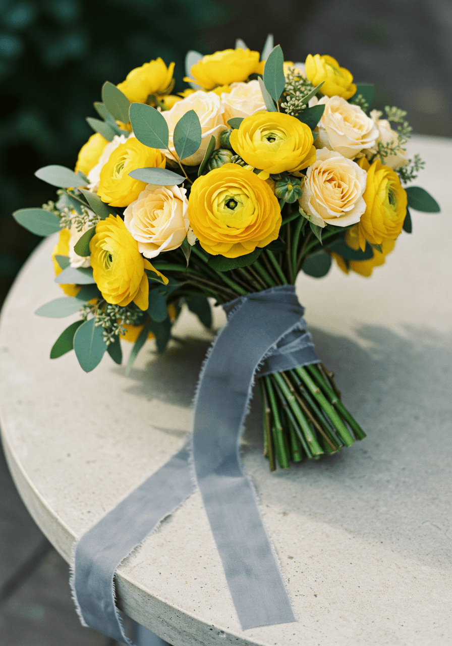 Bright buttercup yellow ranunculus and rose bouquet with charcoal grey silk ribbon on modern concrete table surface