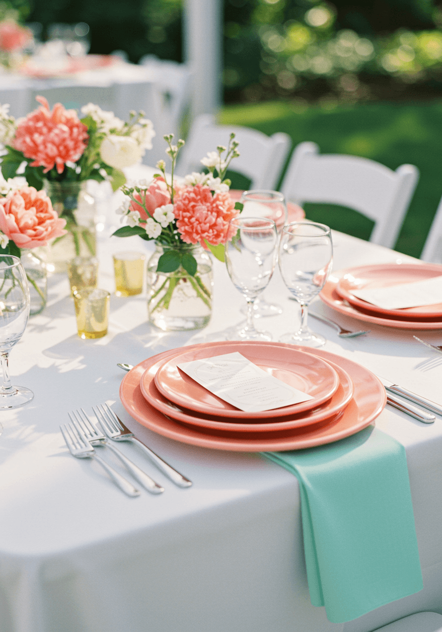 Coral coloured plates and mint green napkins on white linen table in outdoor garden wedding reception setting
