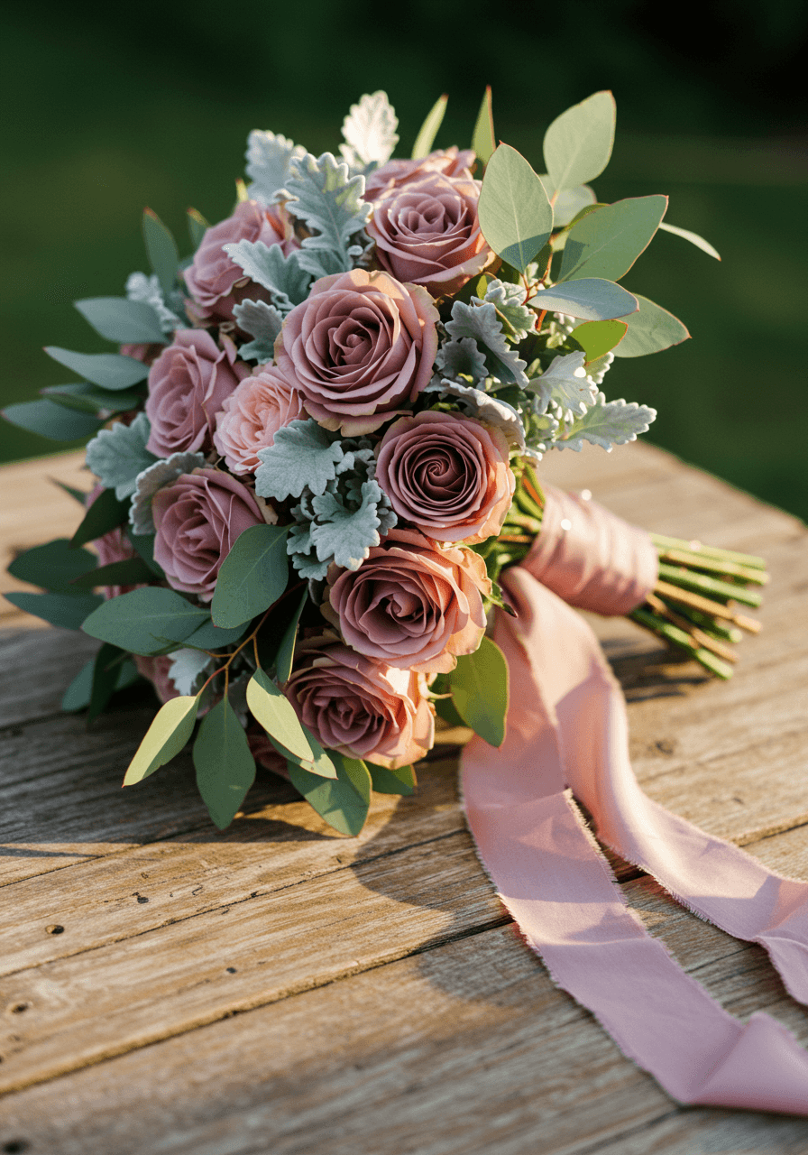 Bridal bouquet of dusty rose garden roses and silver eucalyptus with matching silk ribbon on weathered wooden table