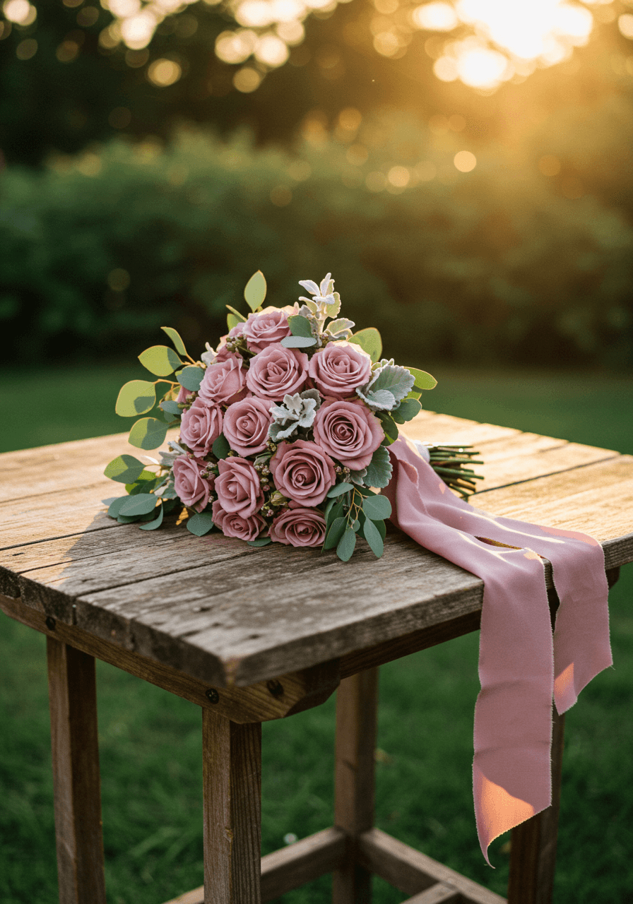 Wide view of dusty rose bouquet arrangement in rustic outdoor garden setting during golden hour