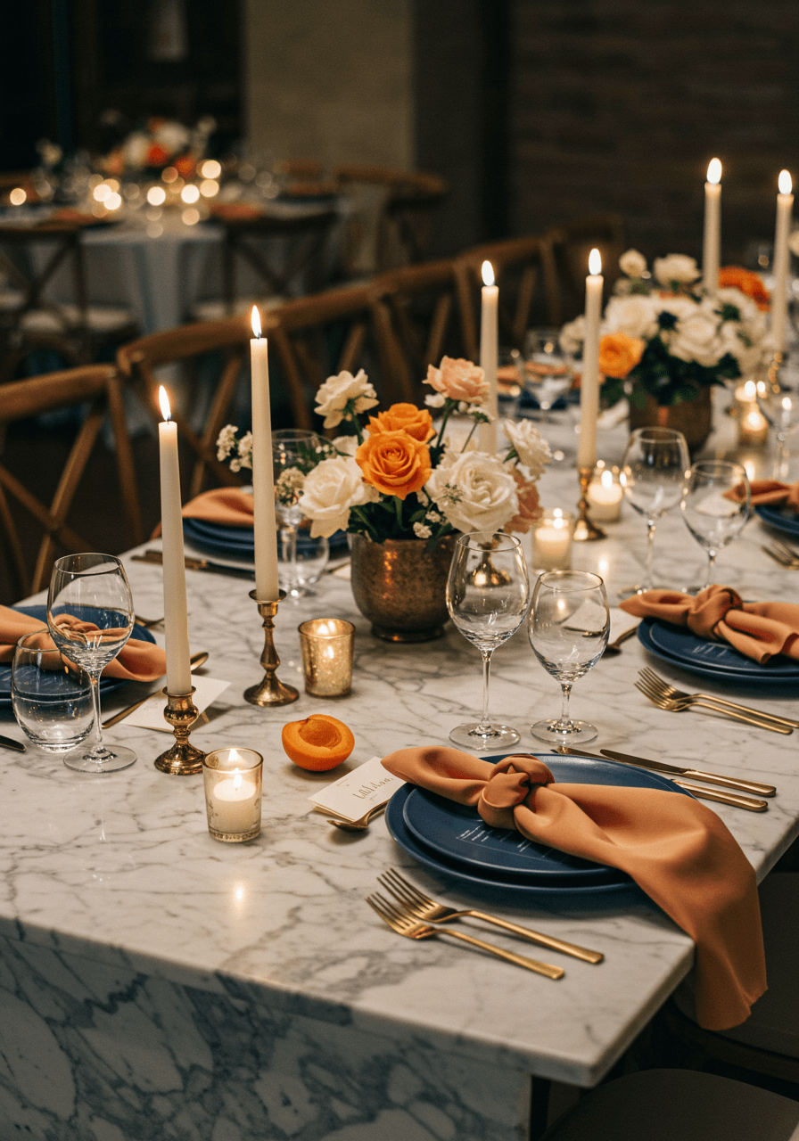 Wide view of luxurious apricot and navy wedding table setting with crystal glassware and gold accents on marble surface
