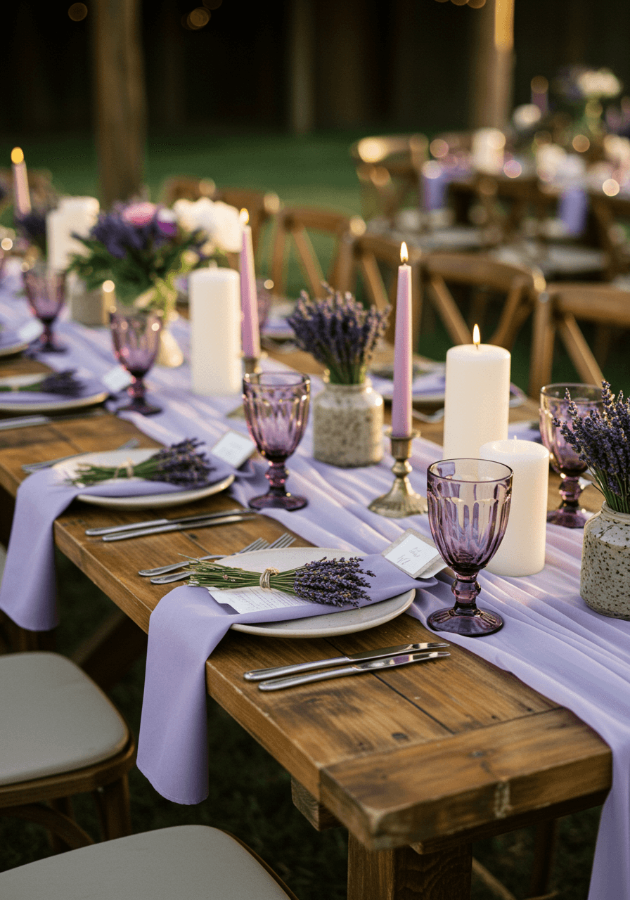 Elegant farmhouse wedding tablescape featuring lavender linens and cream china on rustic wooden table with fresh lavender arrangements