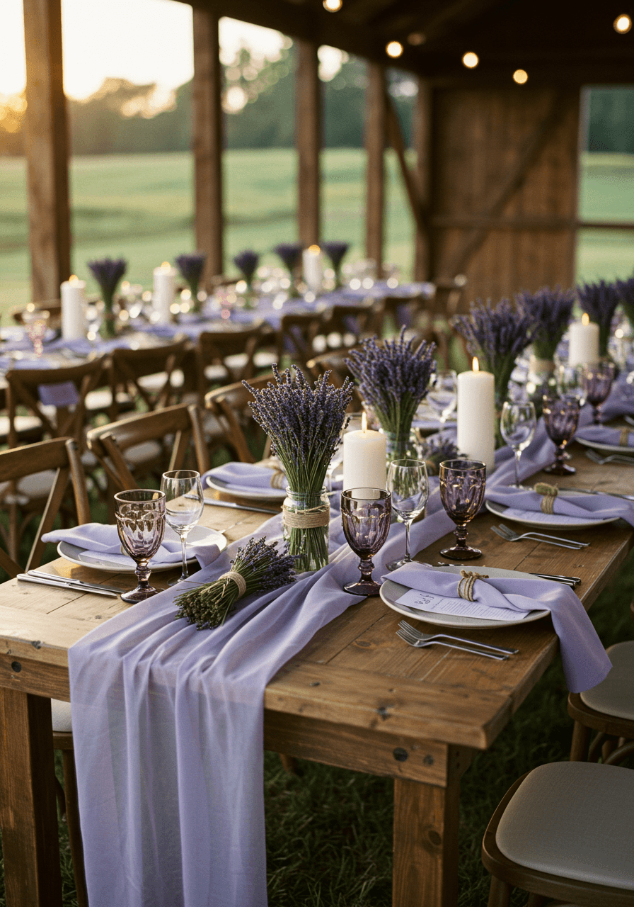 Long view of lavender and cream wedding reception table setup in rustic outdoor venue during golden hour