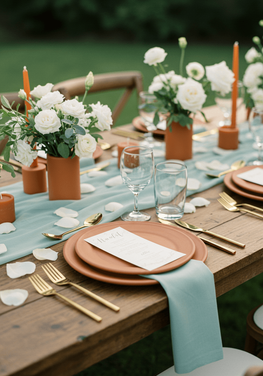 Detail shot of mint linens, terracotta plates, and white floral centrepieces on rustic wooden wedding table