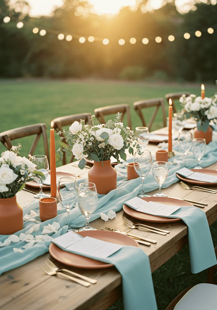 Wide view of elegant mint and terracotta wedding tablescape on rustic wooden farm table in outdoor garden setting