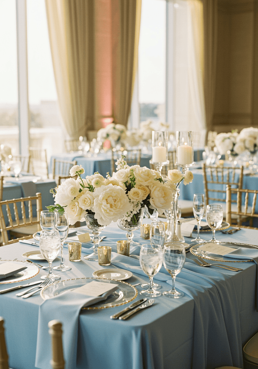 Elegant ballroom wedding tablescape with powder blue linens and ivory florals during golden hour with floor-to-ceiling windows