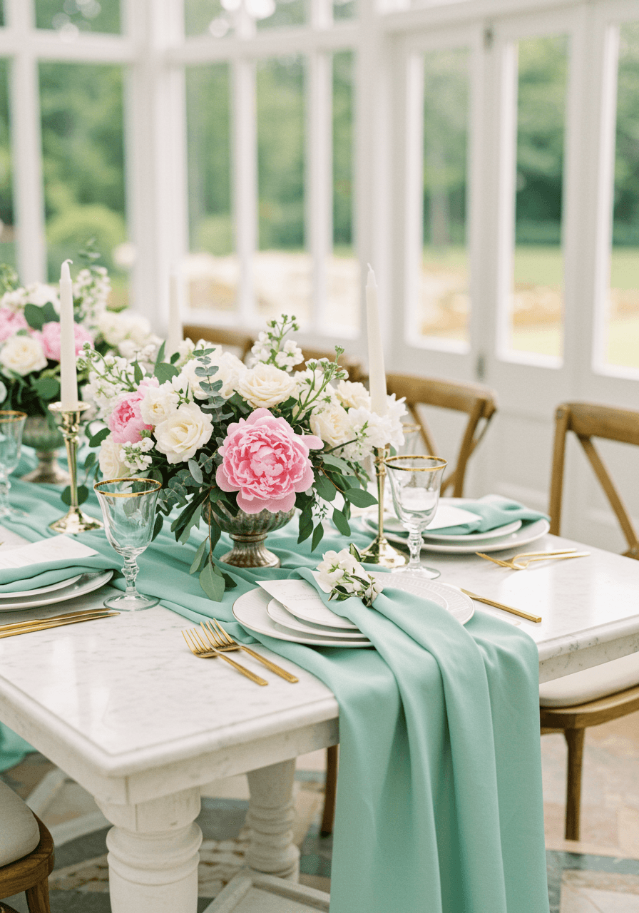 Elegant conservatory wedding tablescape with seafoam green silk runners and blush pink centrepieces on white marble table