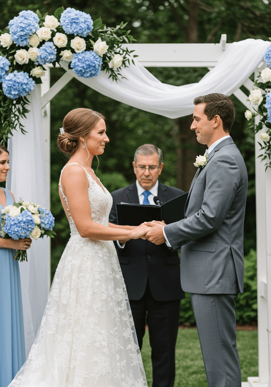Close-up of bride and groom's hands during wedding ceremony with powder blue and ivory floral backdrop