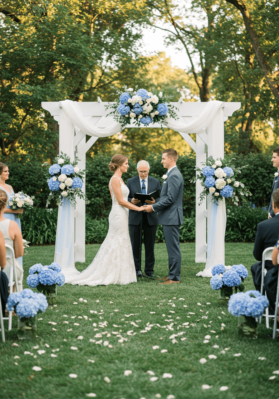 Bride and groom exchanging vows in outdoor garden ceremony surrounded by powder blue hydrangeas and ivory roses