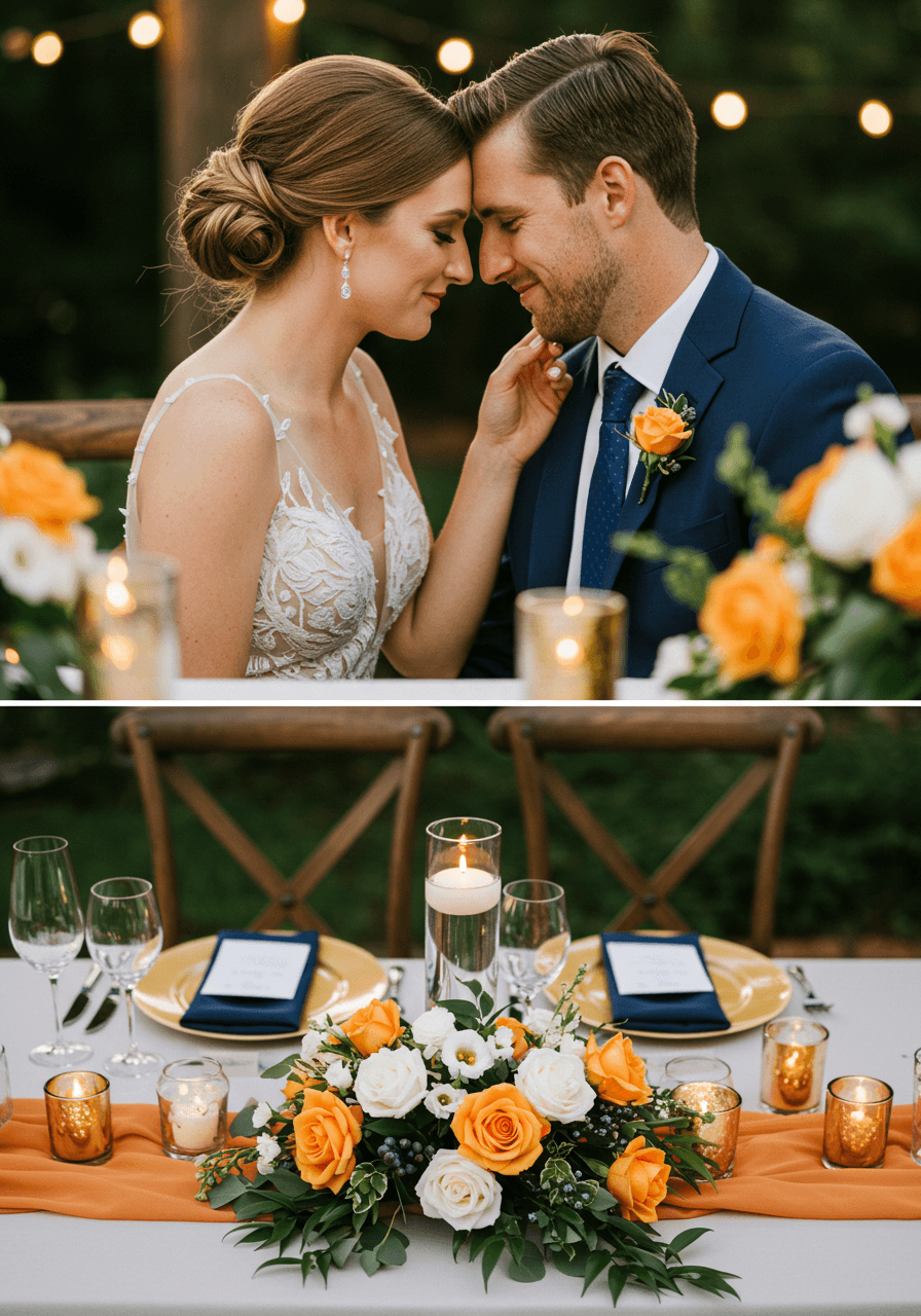Close-up of couple at elegant apricot and navy wedding reception table with string lights and floral arrangements