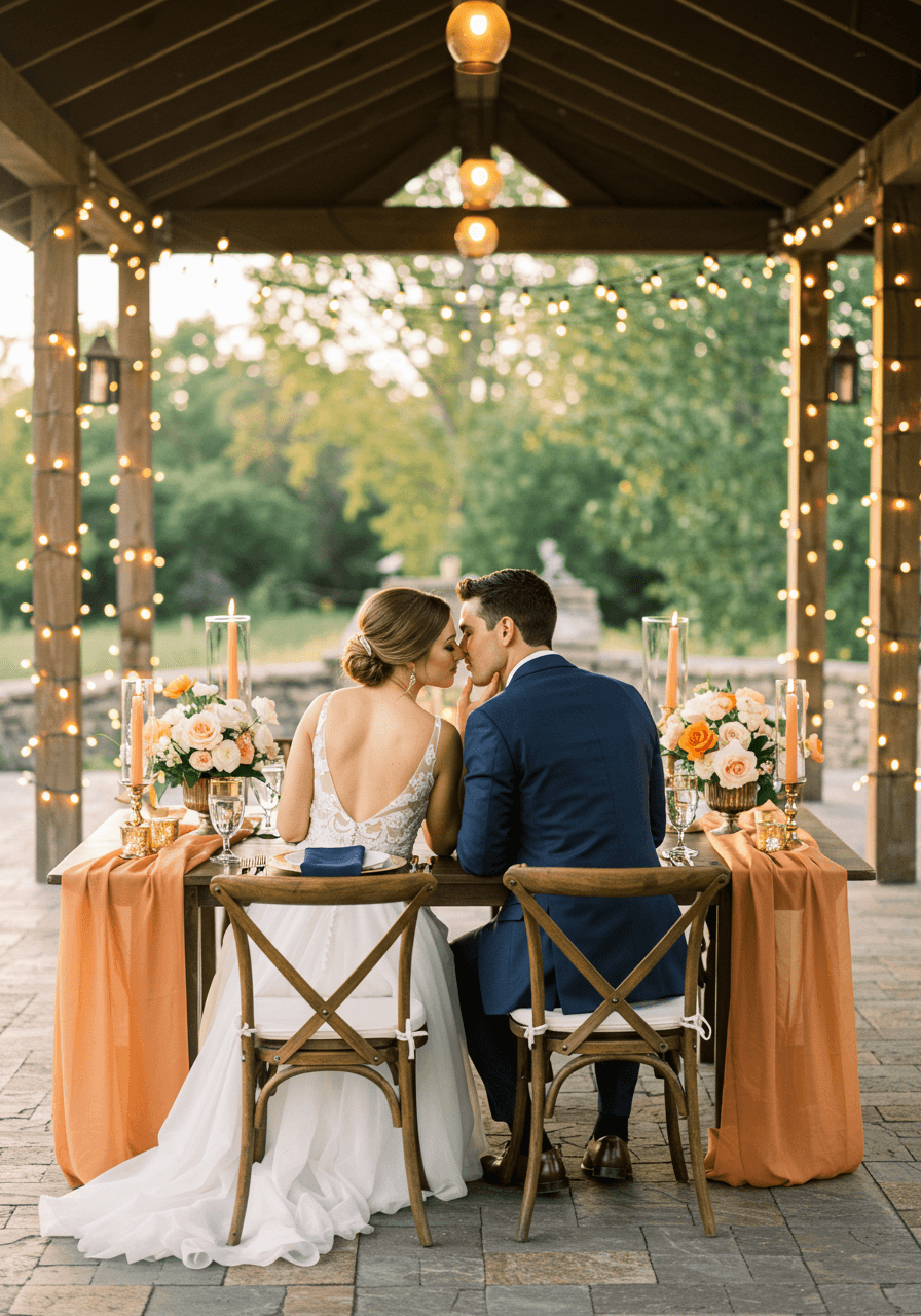Bride and groom sharing romantic moment at reception table in garden pavilion with apricot and navy colour scheme during golden hour