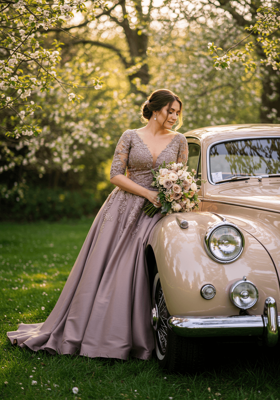 Close-up detail of bride and vintage champagne car with mauve dress fabric and spring blossom backdrop