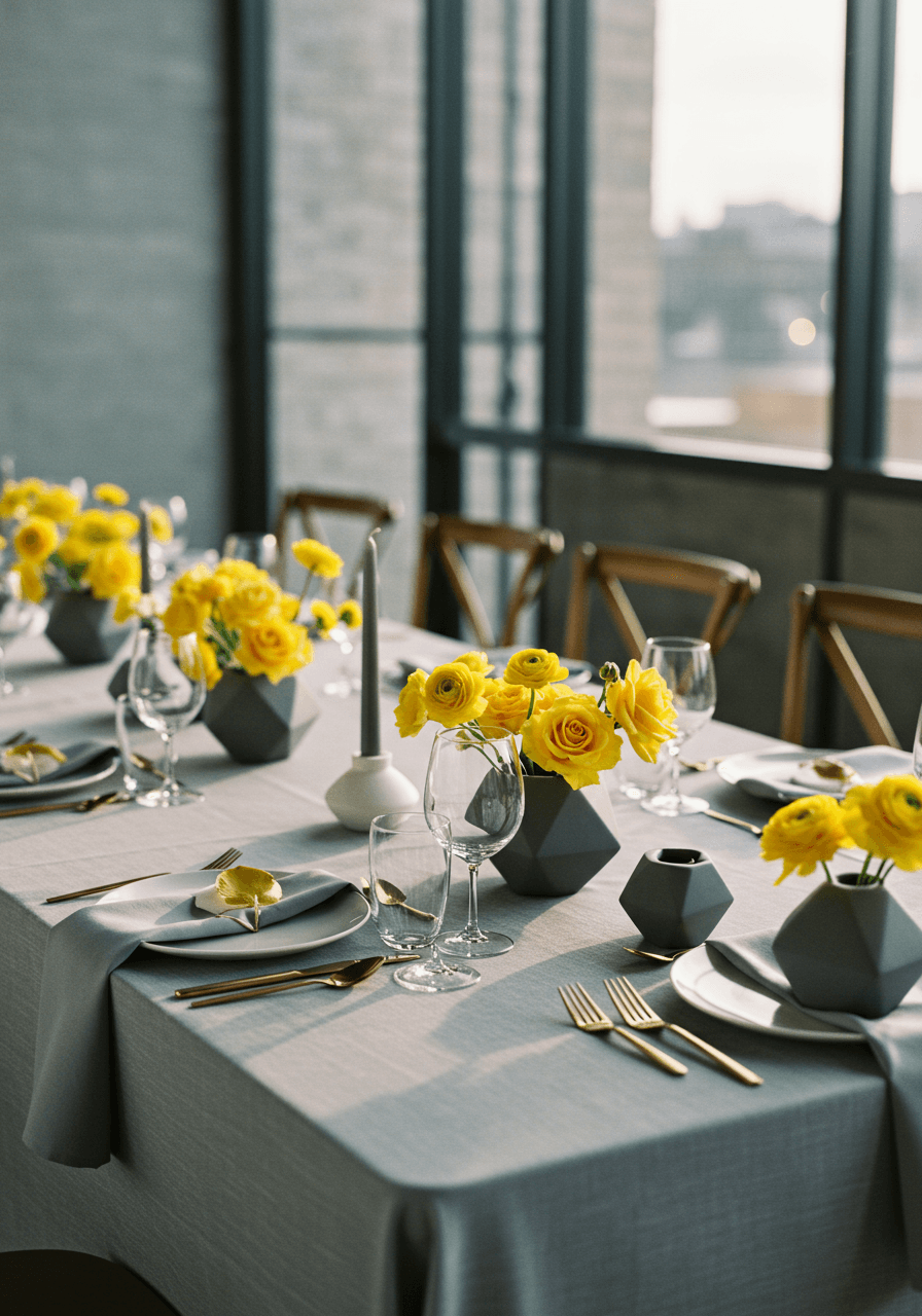 Wide view of contemporary yellow and grey wedding reception setup with floor-to-ceiling windows and modern design elements