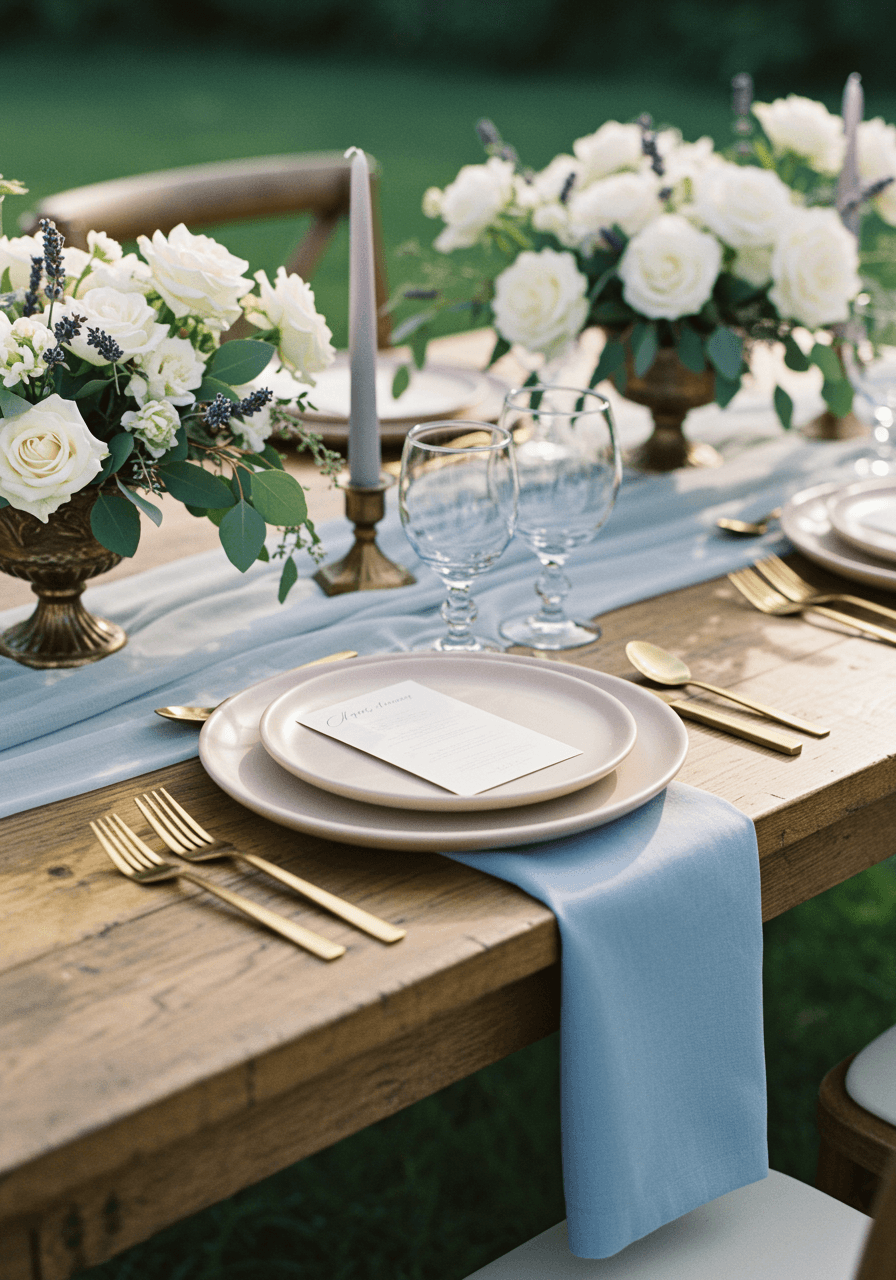 Elegant wedding tablescape with periwinkle linens and nude ceramic dinnerware on rustic wooden farm table in soft morning light