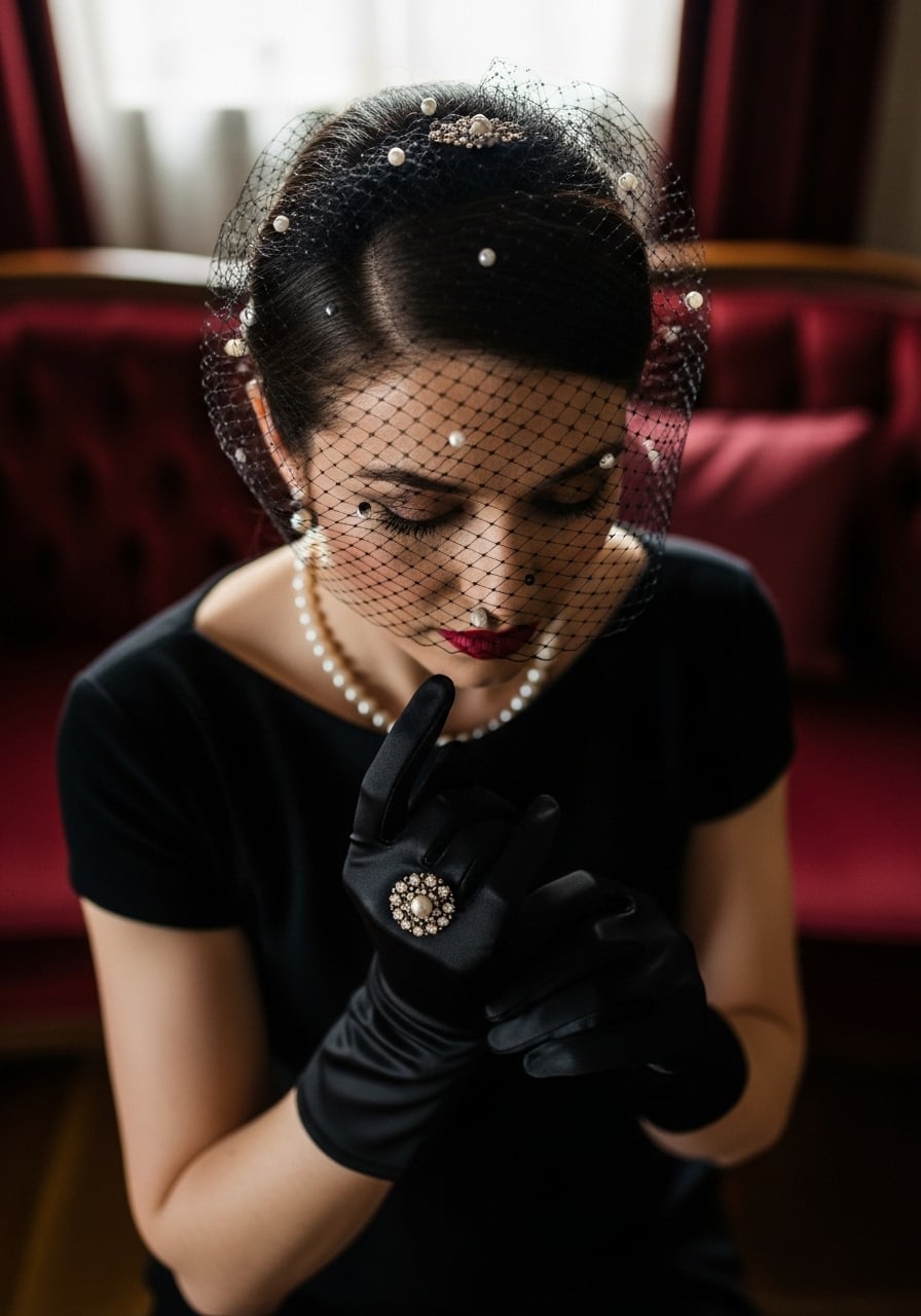 Bride adjusting gloves while wearing dramatic birdcage veil in vintage noir-inspired bridal setting