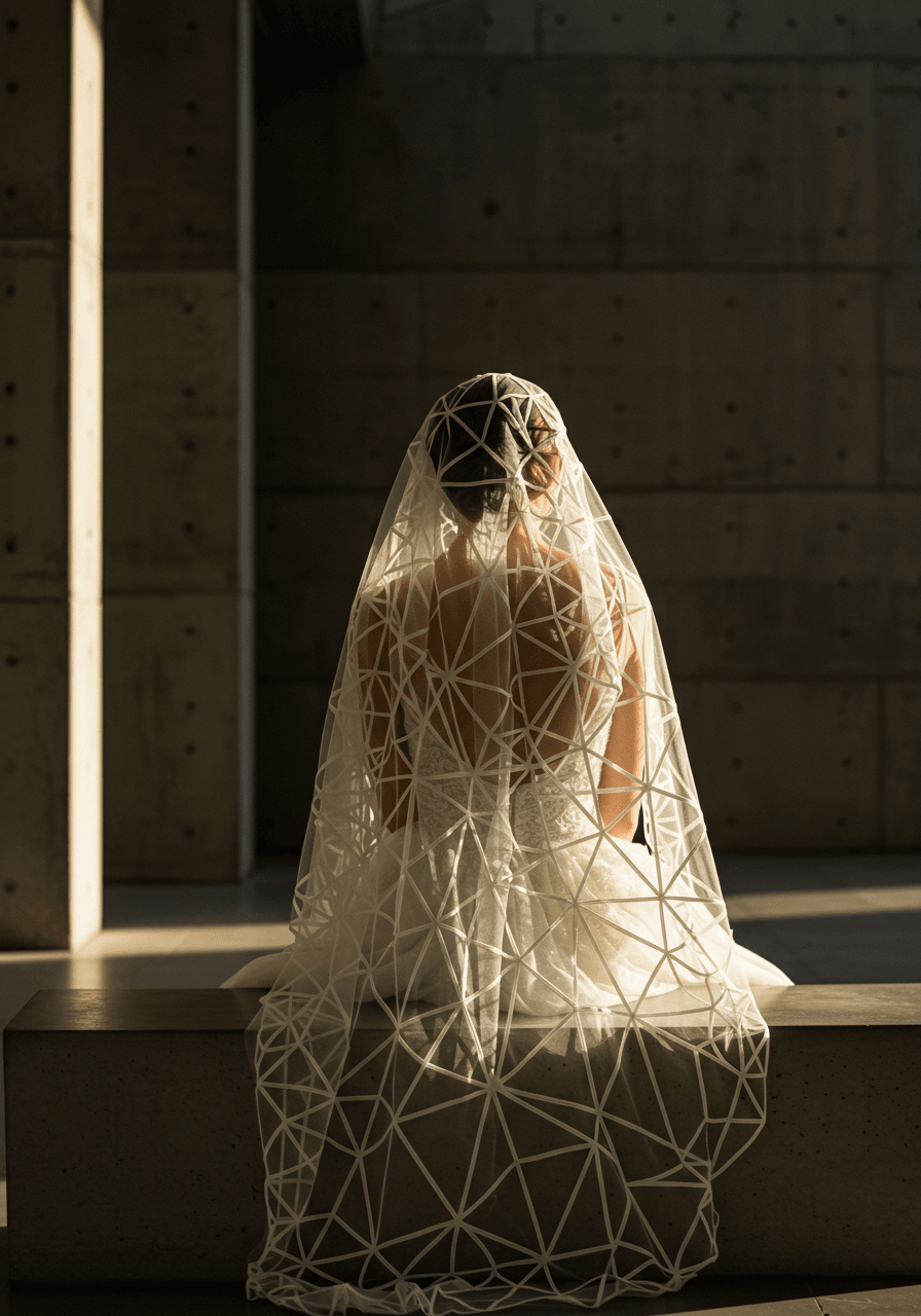 Bride seated on concrete bench wearing structural wedding veil with geometric patterns in contemporary museum setting
