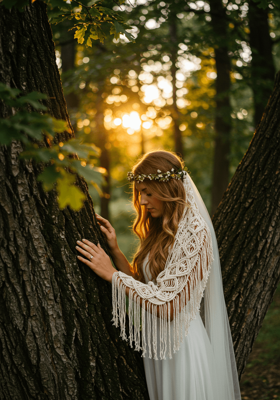 Bride touching tree while wearing macramé veil with cascading fringe details in golden hour forest light