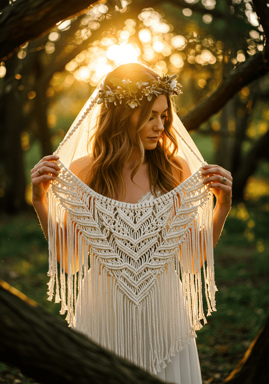 Bride adjusting bohemian macramé fringe veil in dappled forest sunlight with natural textures