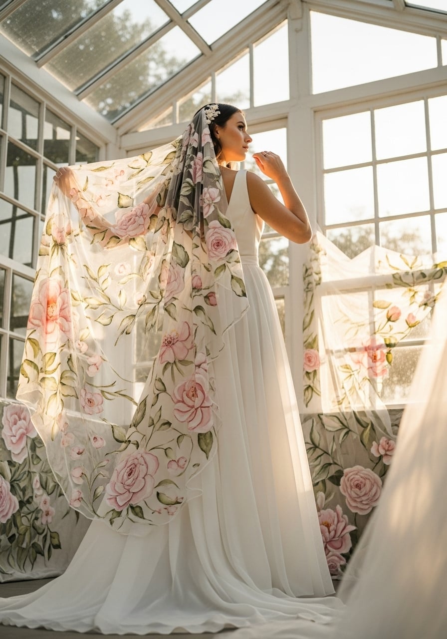 Bride adjusting hand-painted botanical wedding veil with watercolour roses in glass conservatory setting