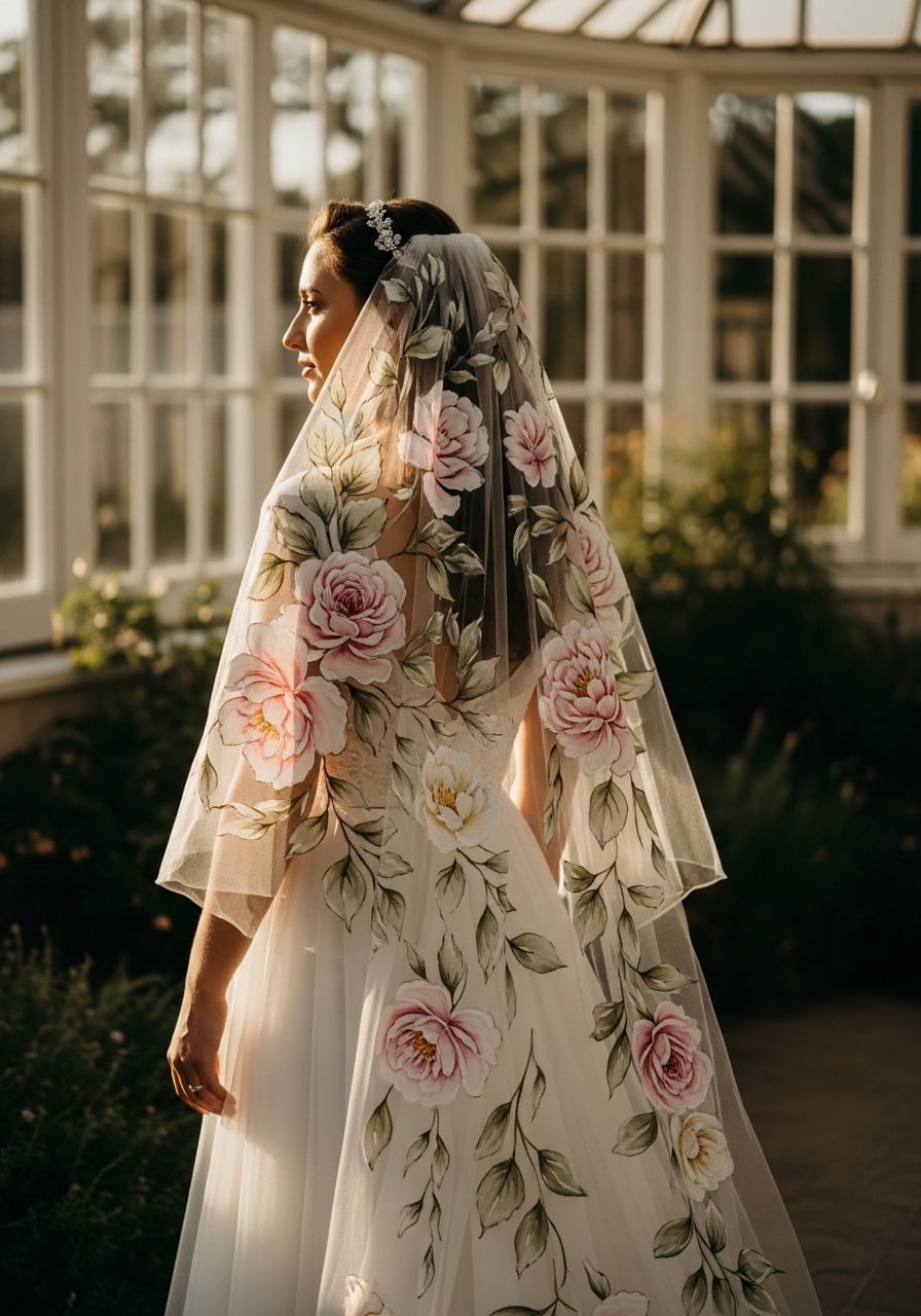 Bride wearing flowing gown with hand-painted floral veil featuring delicate roses and peonies in sunlit garden conservatory