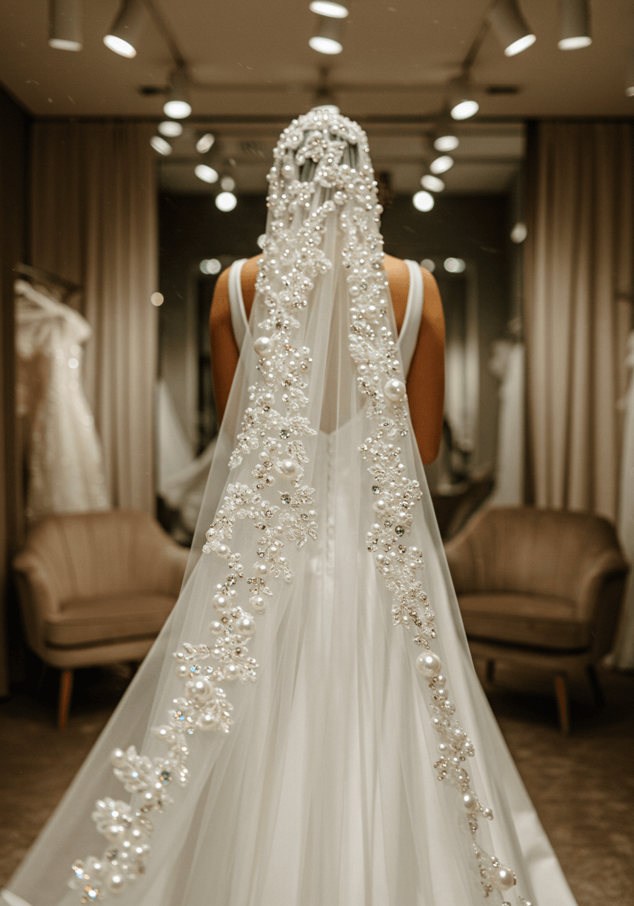 Detailed shot of cathedral-length wedding veil with cascading pearl embellishments and sparkling crystal clusters in luxurious boutique