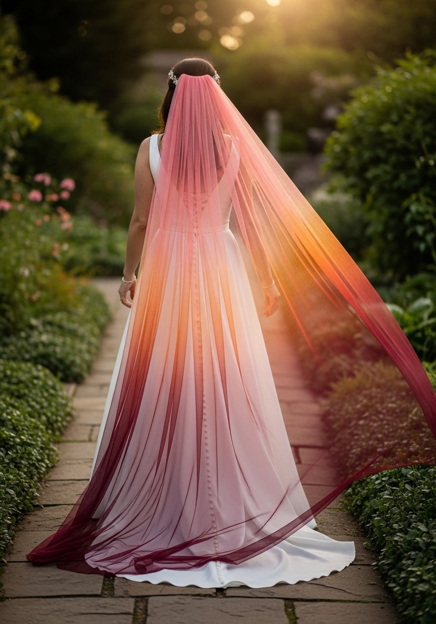 Bride walking down stone garden pathway with dramatic sunset ombré veil flowing from coral to burgundy in botanical setting