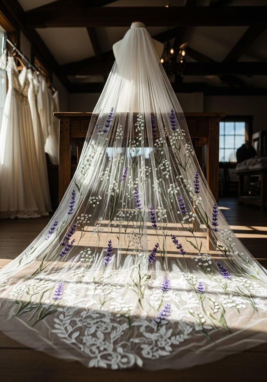 Cascading detail of wedding veil with painted wildflower patterns in rustic bridal boutique setting