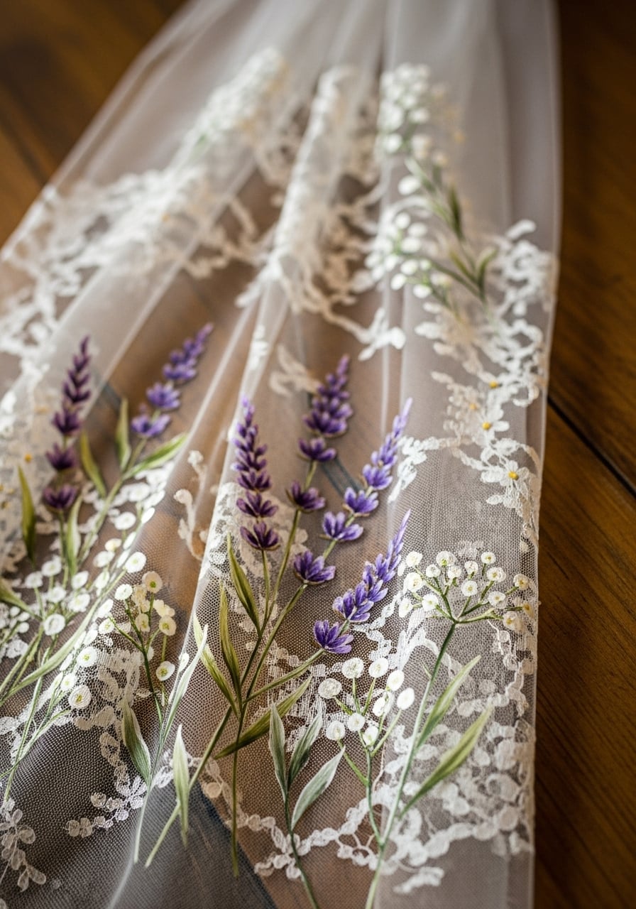 Close-up detail of cathedral-length veil with hand-painted wildflower motifs including lavender and baby's breath on antique lace