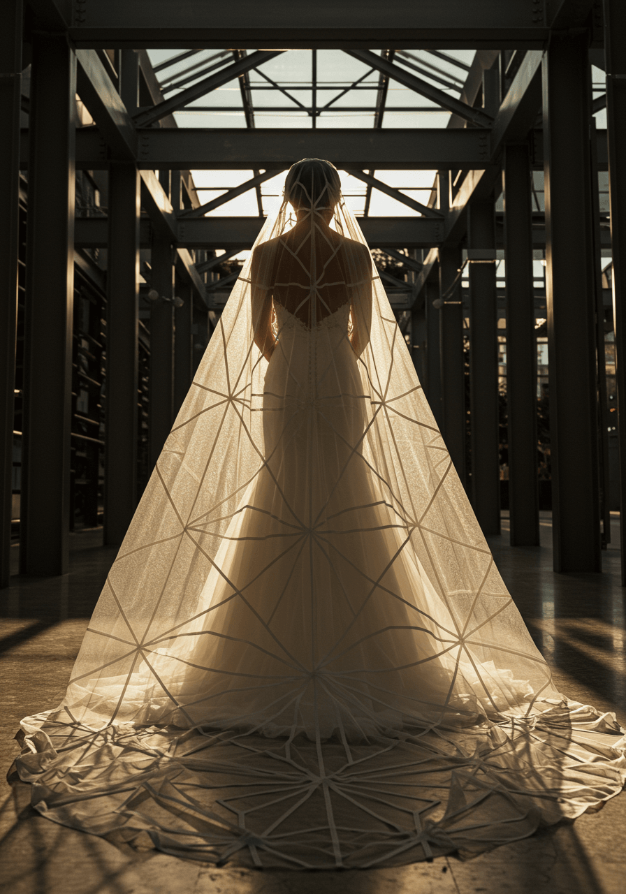 Bride wearing dramatic cathedral-length veil with sharp geometric cutouts in contemporary glass atrium during golden hour