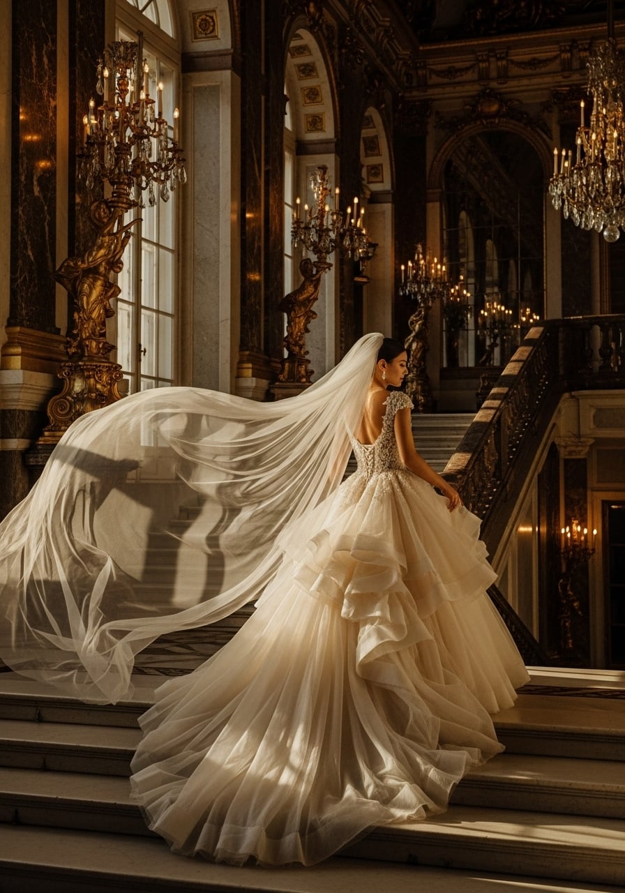 Bride in ornate ball gown with sweeping cathedral veil walking down marble staircase in opulent palace ballroom