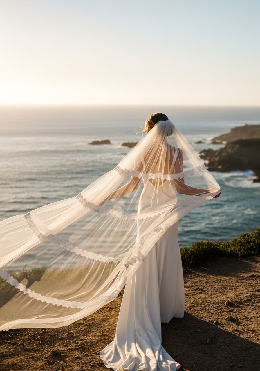 Bride in simple elegant gown with elaborate multi-tiered cascading veil flowing in wind on cliff overlooking ocean at golden hour