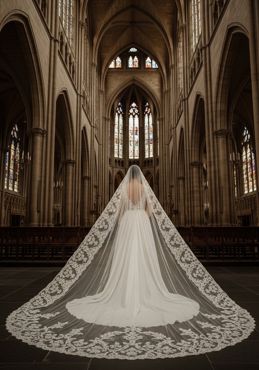 Bride in elegant cathedral-length veil with intricate lace borders standing gracefully in Gothic cathedral with soaring stone arches