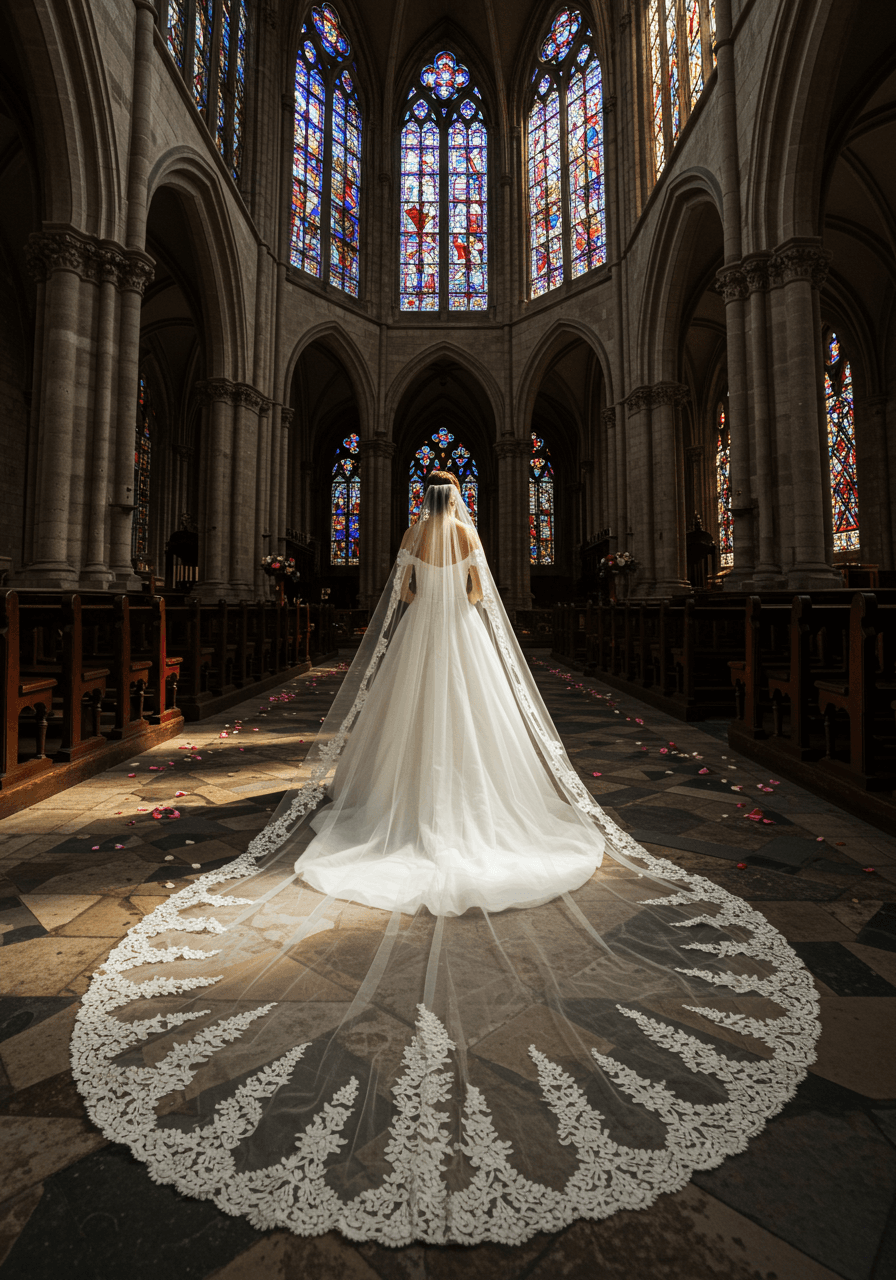 Bride walking down Gothic cathedral aisle with dramatic cathedral-length veil featuring ornate Alençon lace borders trailing behind