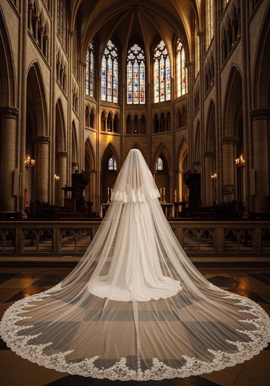 Bride standing at Gothic cathedral altar with dramatic detachable train veil pooling on stone floors