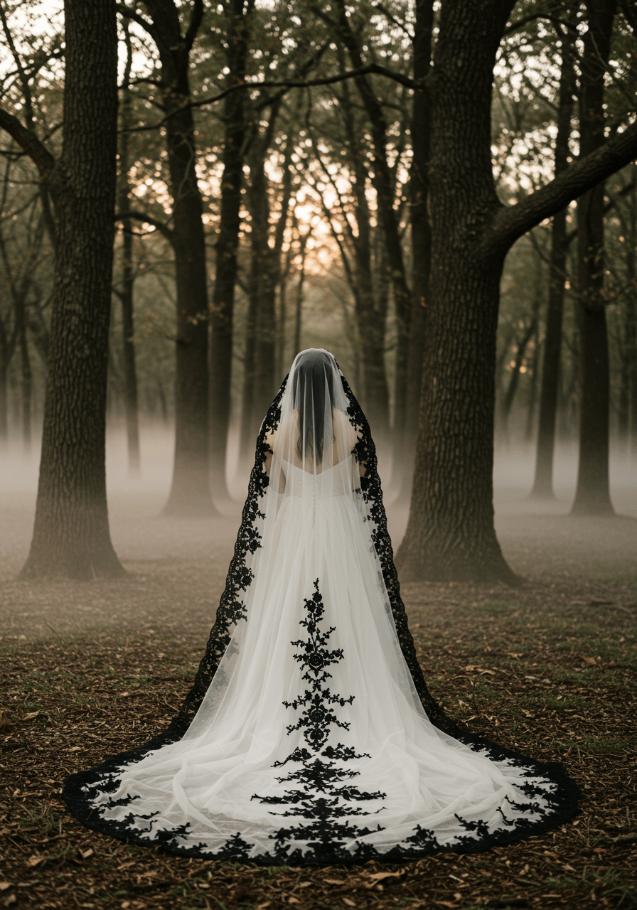 Bride in dramatic floor-length veil with bold black lace borders standing in misty forest clearing at golden hour