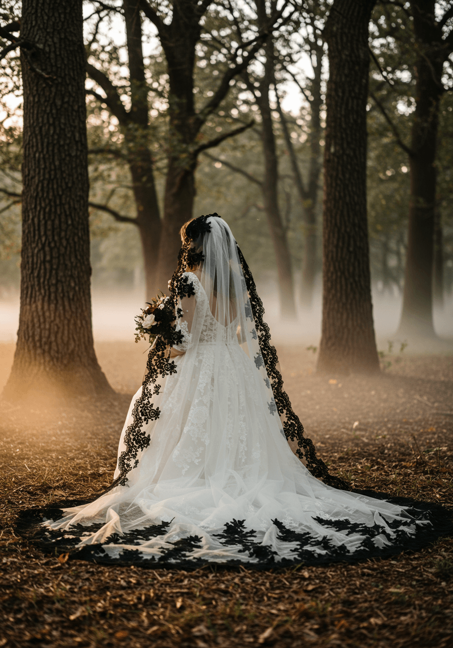 Bride kneeling in forest with gothic floral appliqué veil creating dramatic silhouette among ancient oak trees