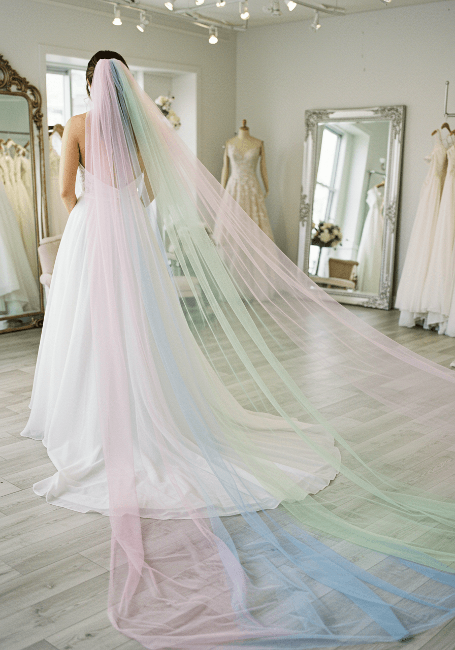 Bride showcasing ombré chapel-length veil transitioning from blush pink through lavender to dusty blue in airy bridal boutique