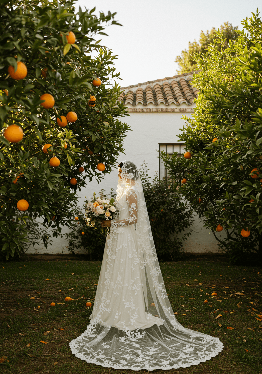 Bride in cathedral-length ivory mantilla veil with Spanish Chantilly lace walking through sun-dappled orange grove