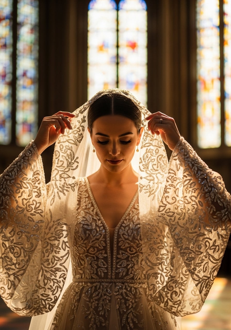 Bride adjusting metallic thread embroidered wedding veil with cathedral light streaming through stained glass windows