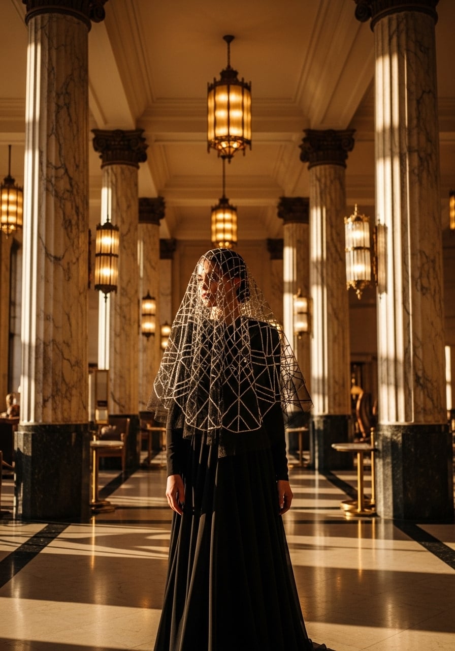 Bride walking through vintage Hollywood hotel lobby wearing art deco-inspired birdcage veil