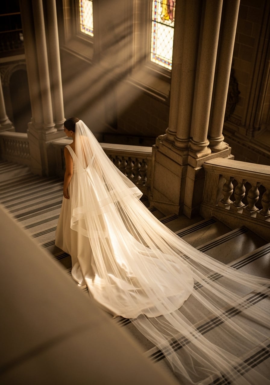 Three-quarter shot of bride on cathedral steps with multi-tiered waterfall veil creating dramatic silhouette