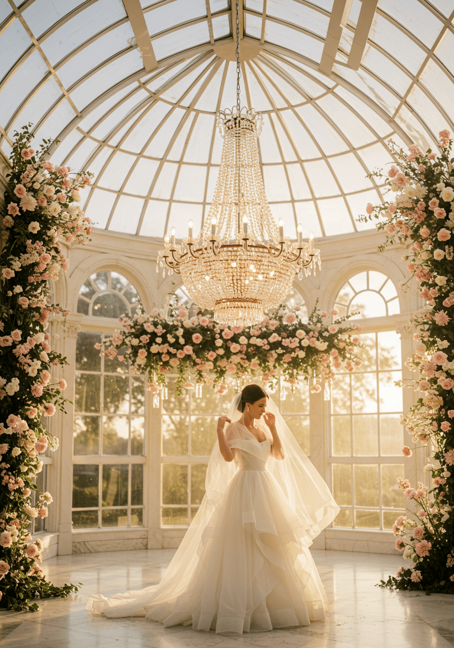 Bride adjusting veil under dramatic crystal chandelier in glass conservatory