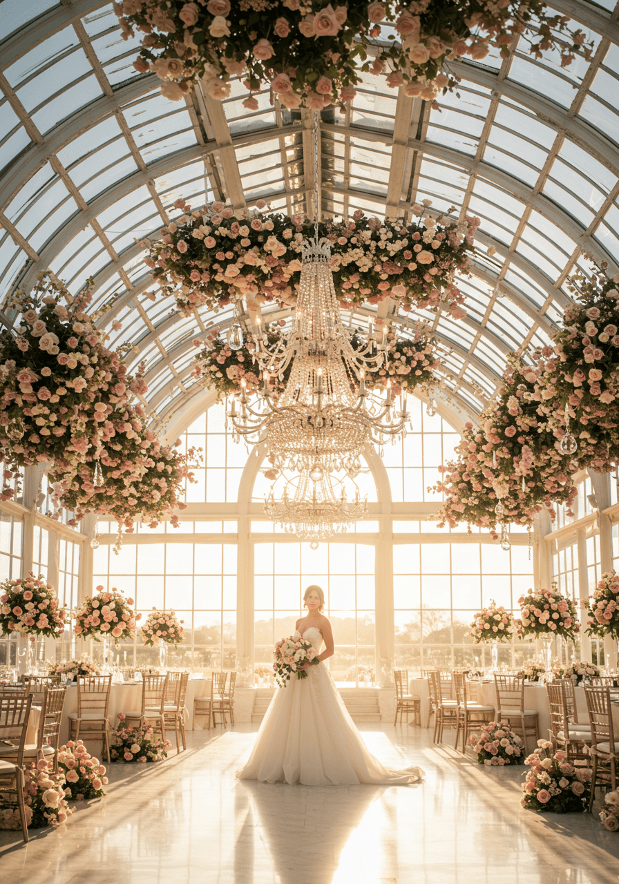 Elegant bride in flowing gown standing beneath crystal chandelier in orangery