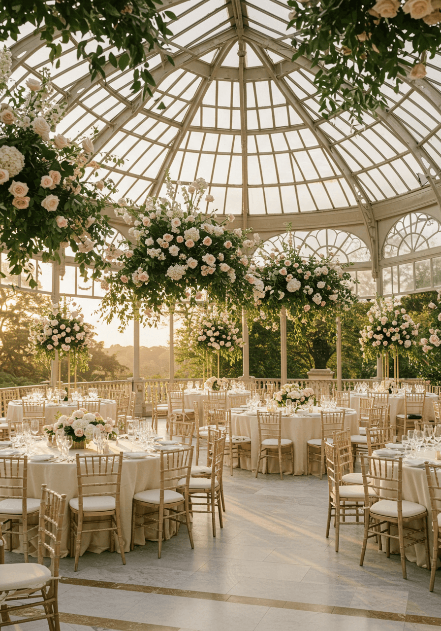 Multiple round reception tables arranged in glass orangery with hanging floral installations