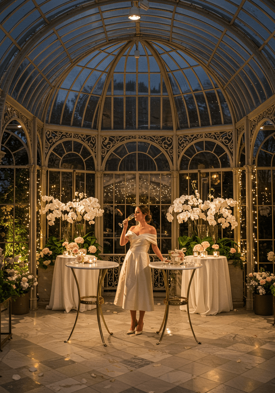 Champagne toast moment with bride in flowing midi dress in glass conservatory